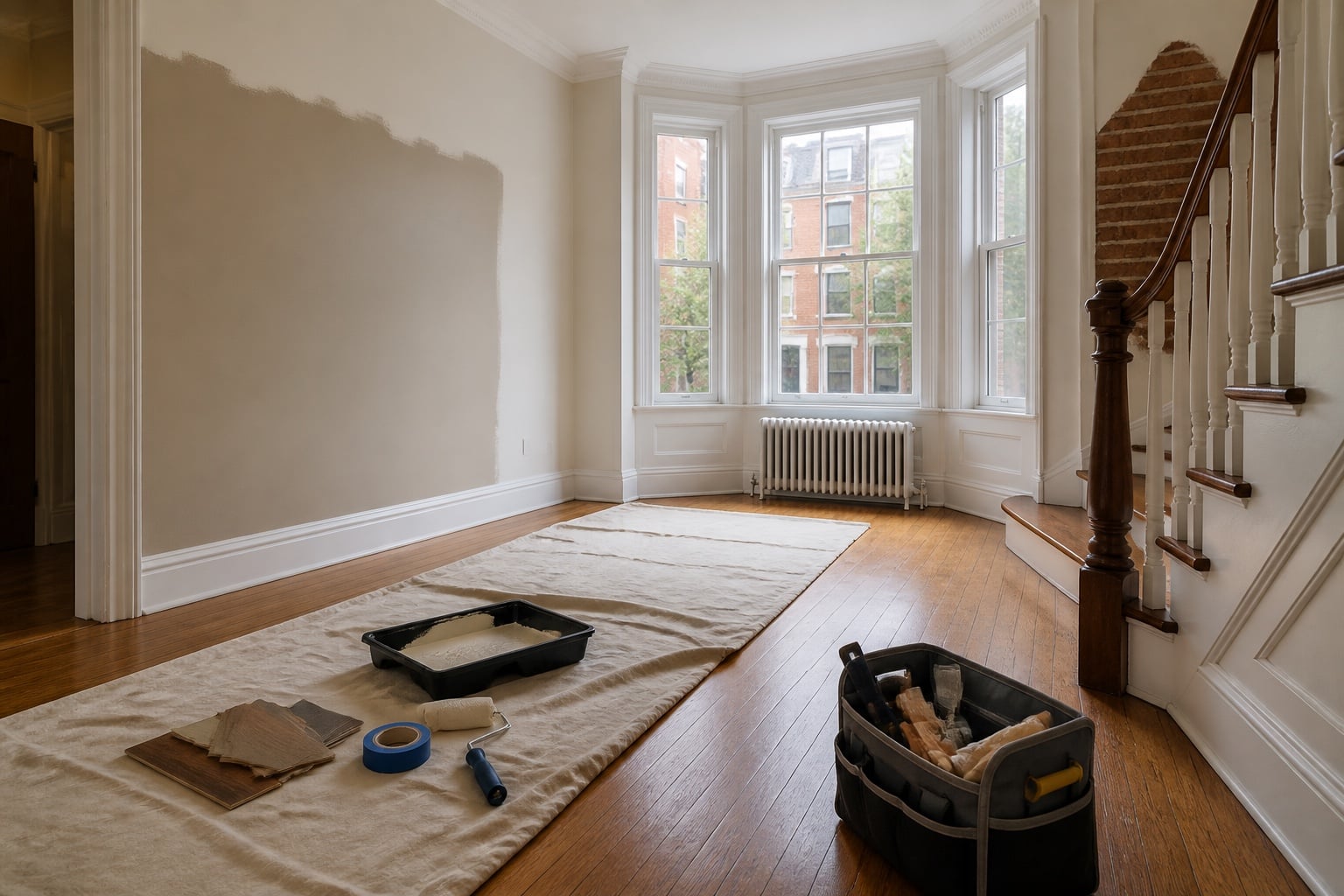 Older DC-area rowhouse living room undergoing a controlled pre-sale paint and flooring refresh