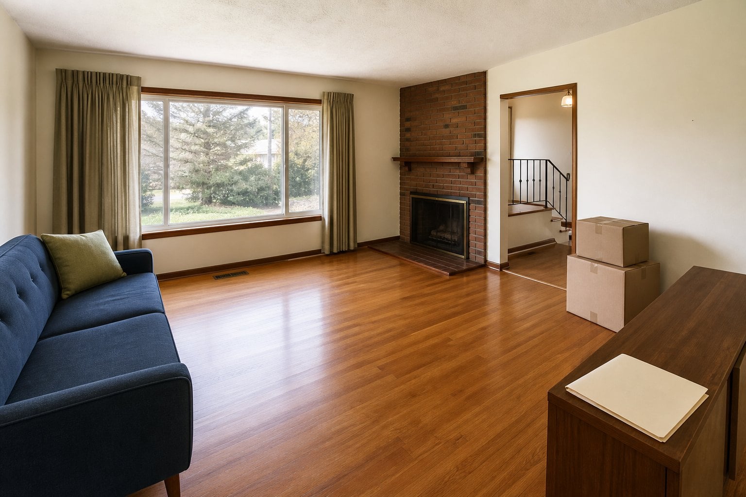 Dated but well-kept split-level living room with a brick fireplace and packed boxes
