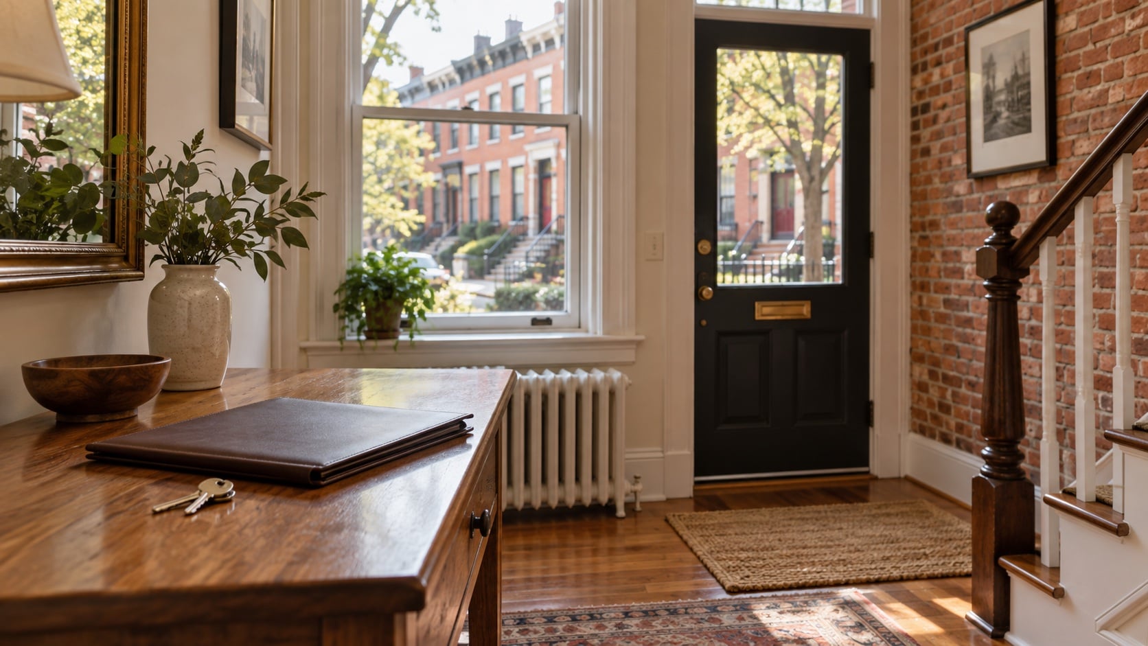 House keys and a document folder inside an illustrative DC rowhouse entryway