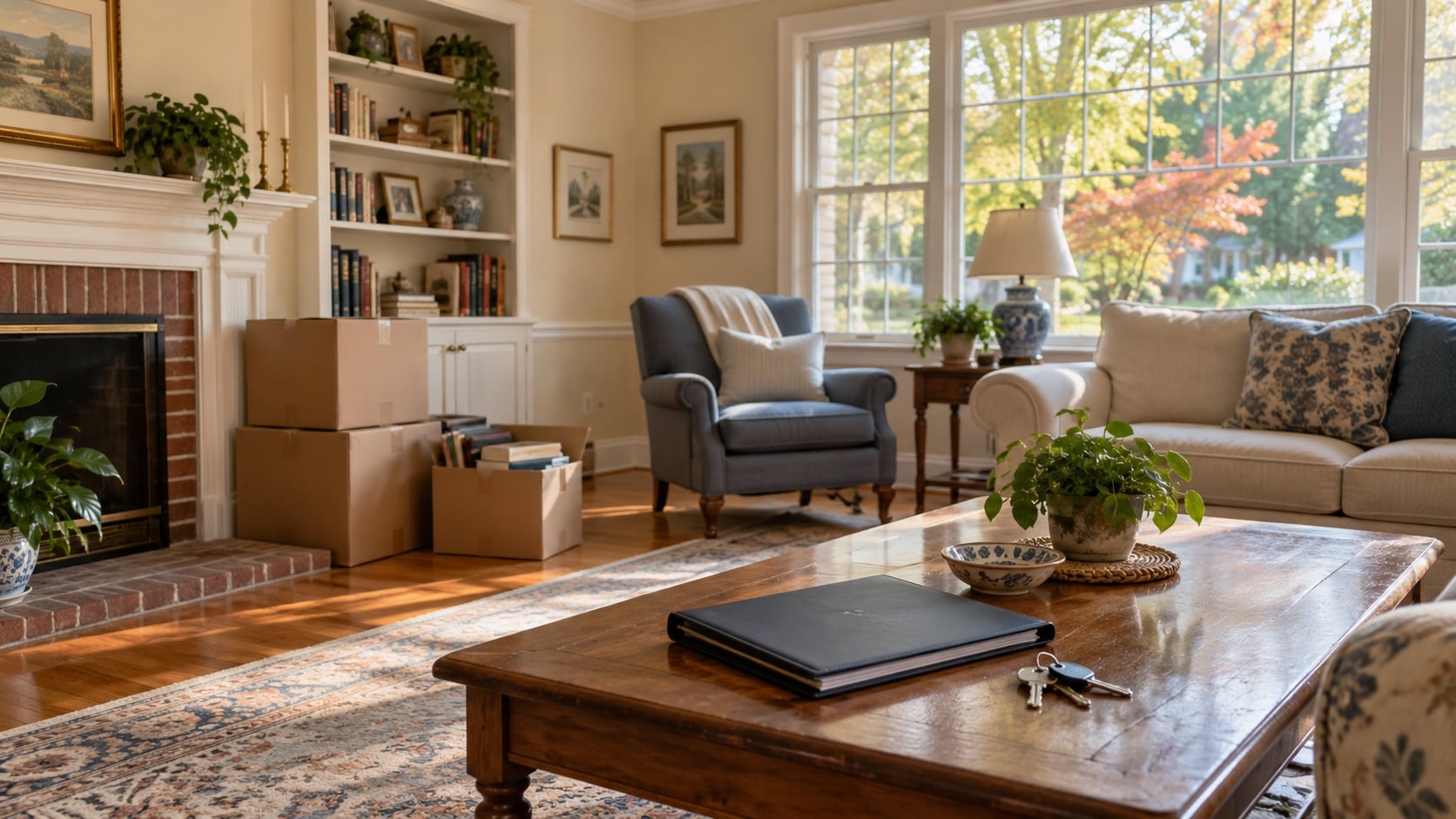 Illustrative Maryland living room with organized boxes, a property folder, and house keys before an inherited-home sale.