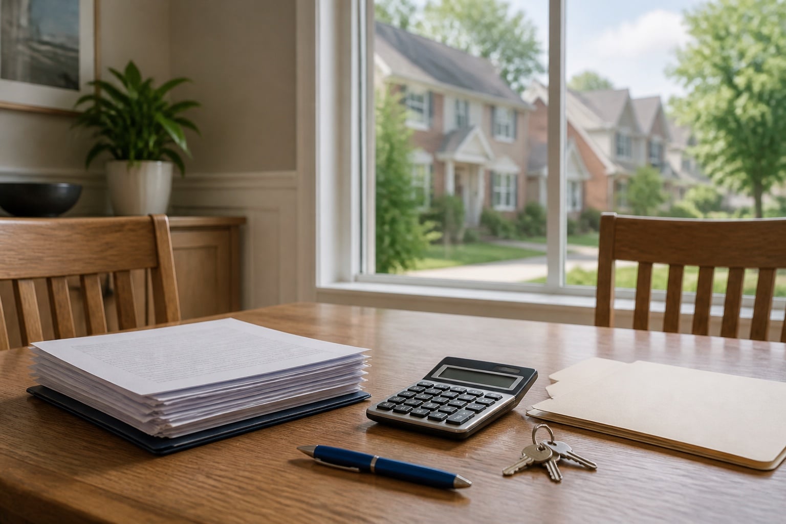 Closing documents, calculator, and house keys inside an Olney-area suburban home