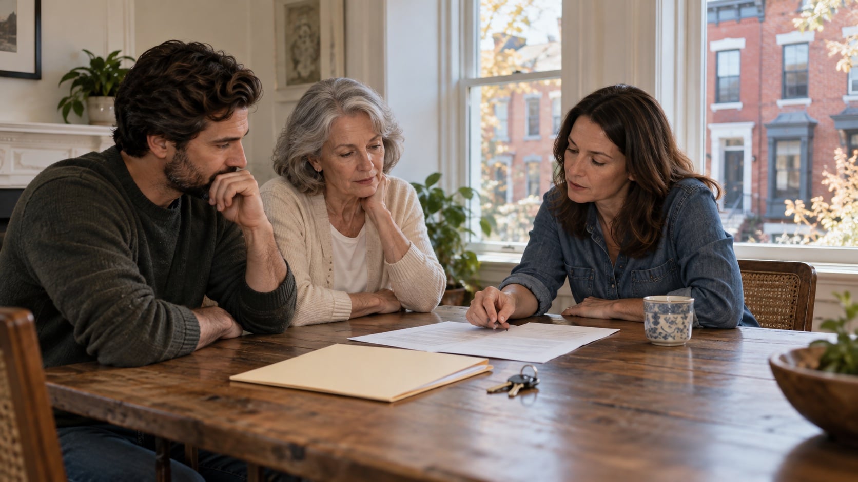 Illustrative family discussion about an inherited home, with documents and house keys on a table in a DC rowhouse.