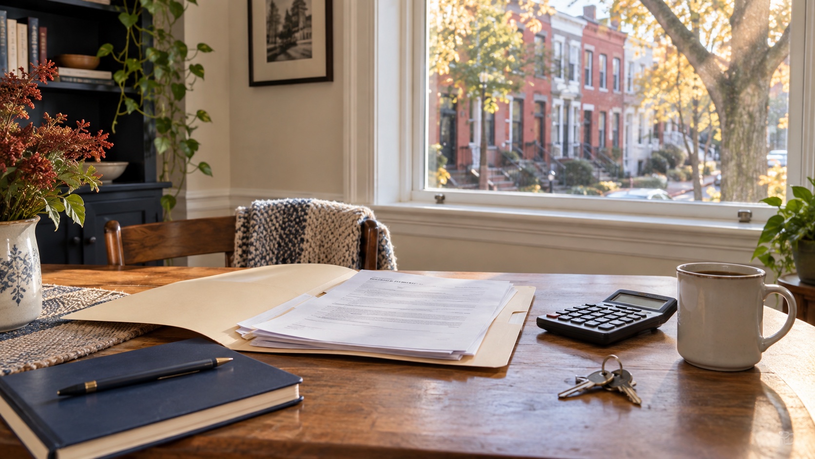 Illustrative mortgage paperwork, calculator and house keys on a table with DC rowhouses visible through a window.