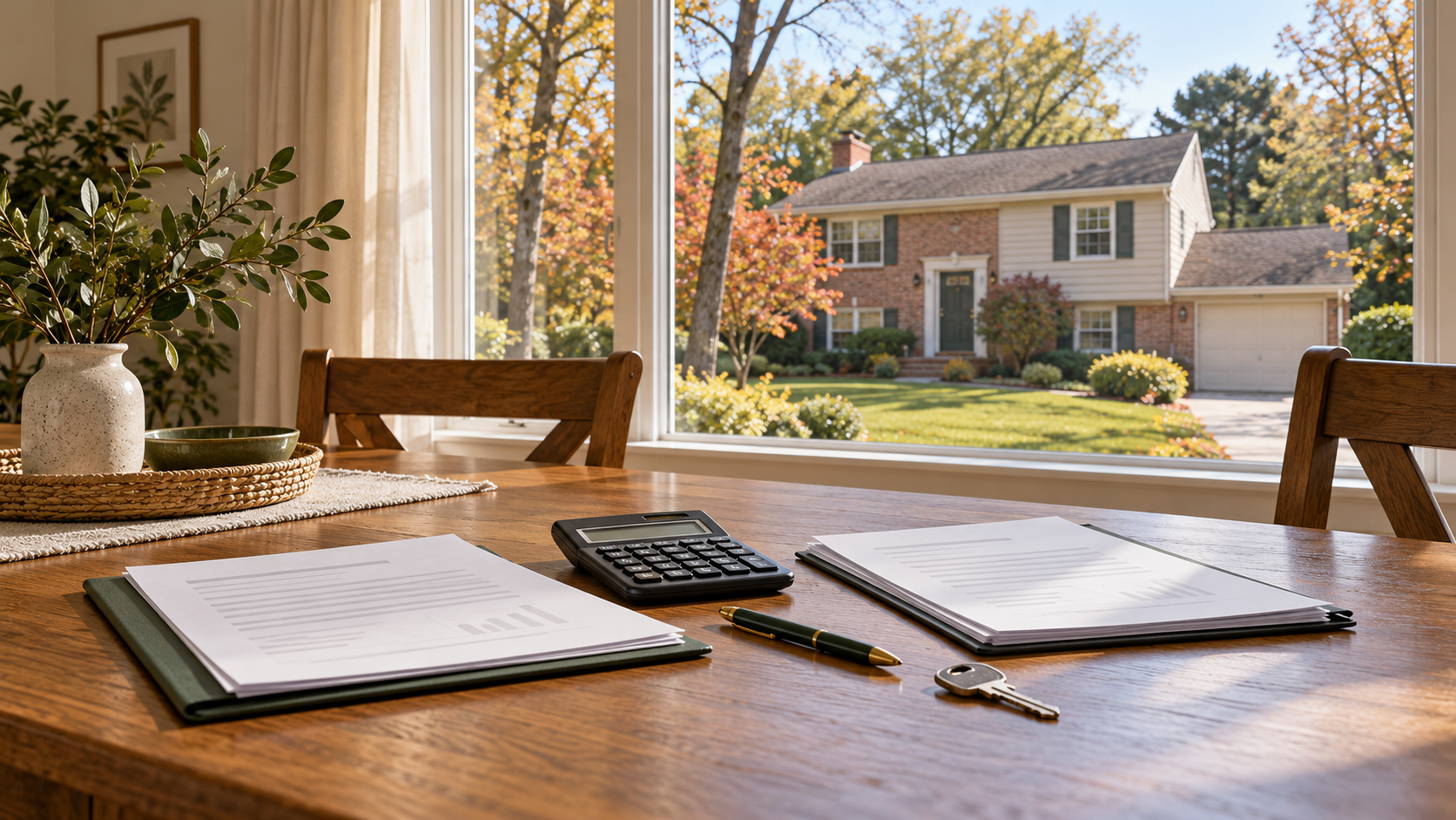 Illustrative property paperwork, calculator and keys beside a window overlooking a suburban Maryland-style home.