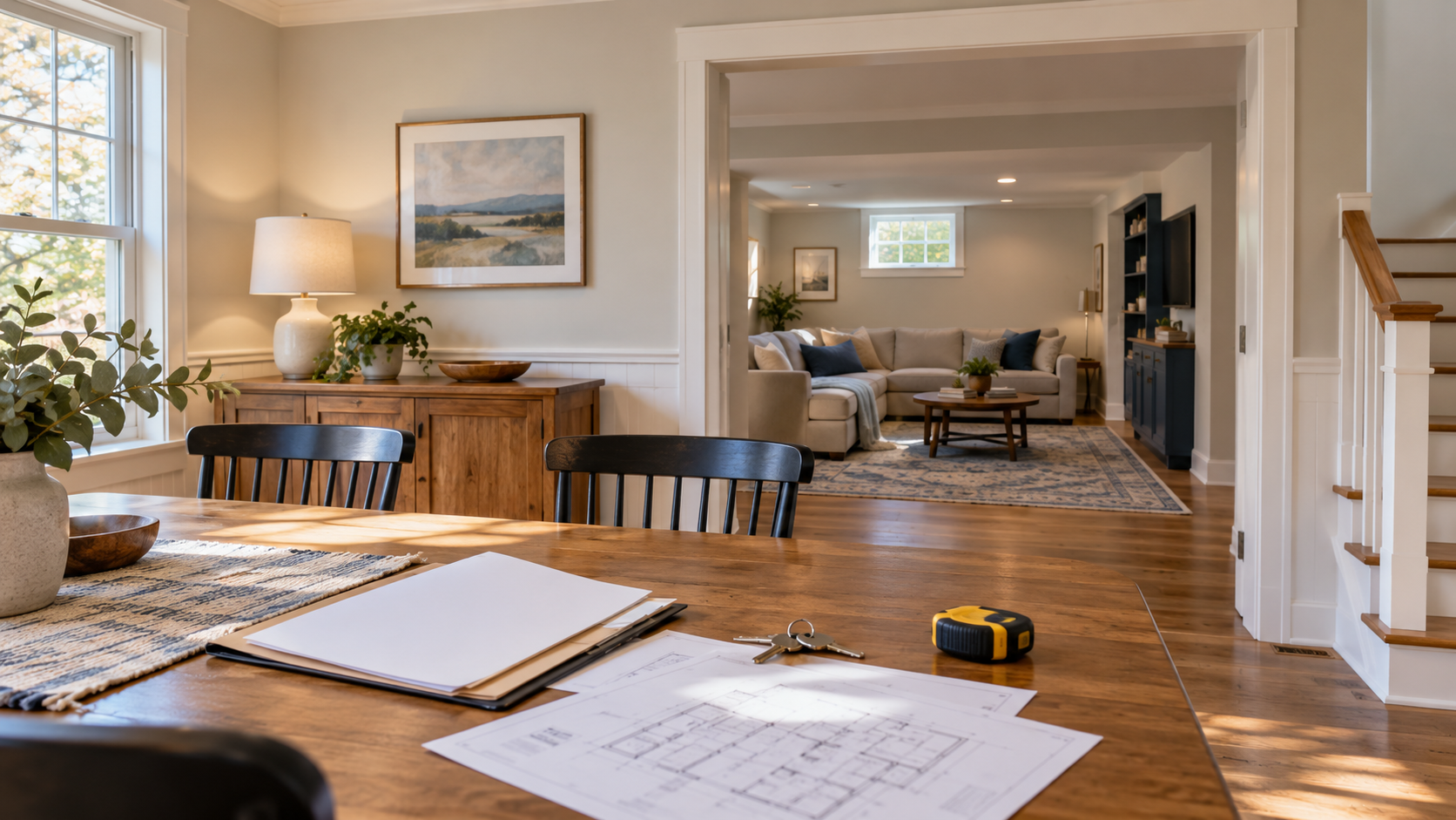 Illustrative Maryland-style home interior with renovation plans, a property folder, keys and a tape measure on a table.
