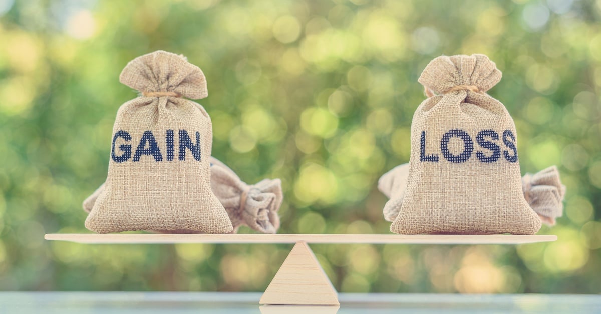 Two burlap sacks labeled "GAIN" and "LOSS" sit balanced on a wooden board against a blurred green background.