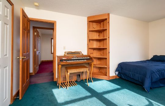 bedroom, bed, piano, shelf