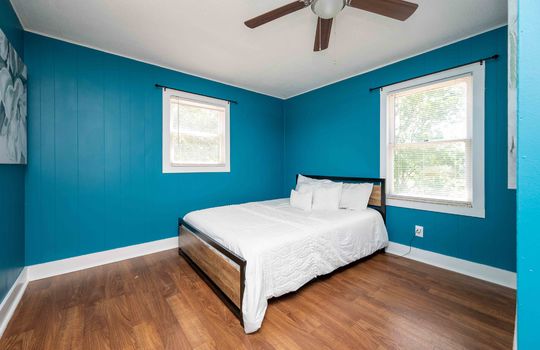 bed, bedroom, window, ceiling fan