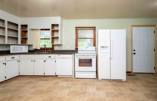 range, fridge, cabinets