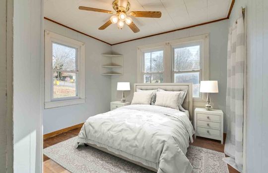 Ceiling Fan, Staged Bedroom Suite, Windows, Wood Flooring, Shelving