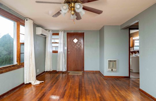 Living room, front door, ceiling fan, window, hardwood flooring