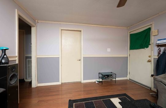 Living room, ceiling fan, front door