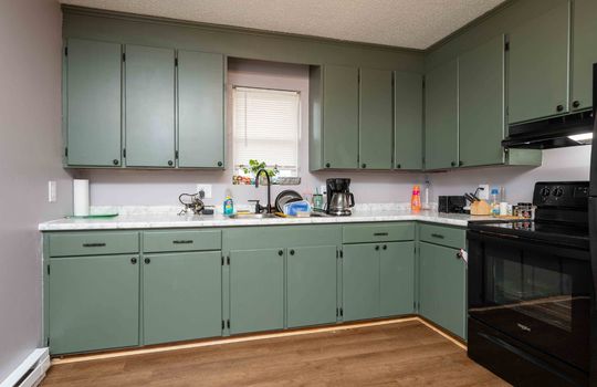 134 Monterey - Kitchen, green cabinets, lvt flooring, stove, counters, sink, window