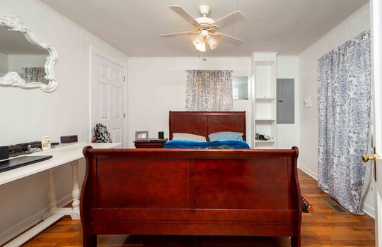 bedroom, ceiling fan, hardwood flooring