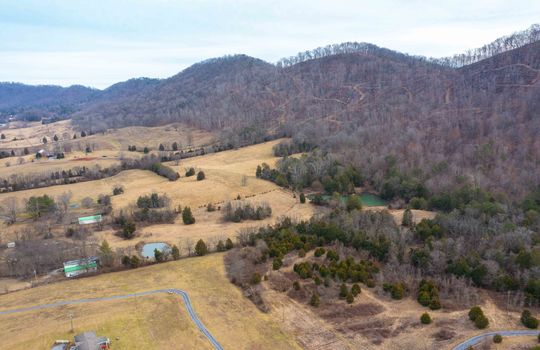 Aerial View of Property, mountains, Barn, Trees