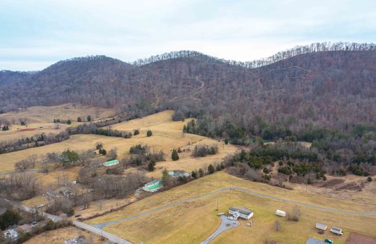 Aerial View of Property, mountains, Barn, Trees