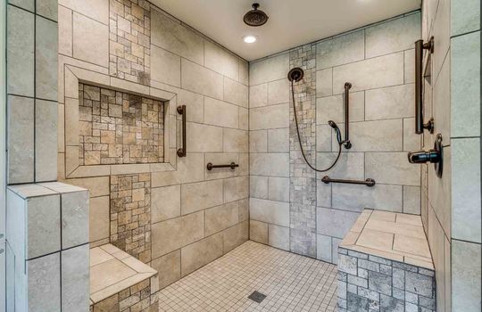 large tile shower, waterfall shower head