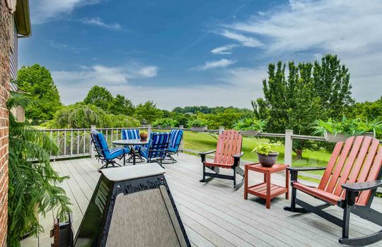 back deck, railing, back yard, landscaping, trees