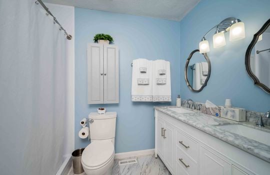 bathroom, sink, double vanity, toilet, shower/tub
