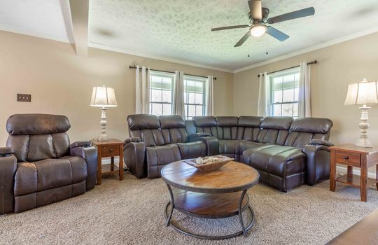 living room, carpet, ceiling fan,
