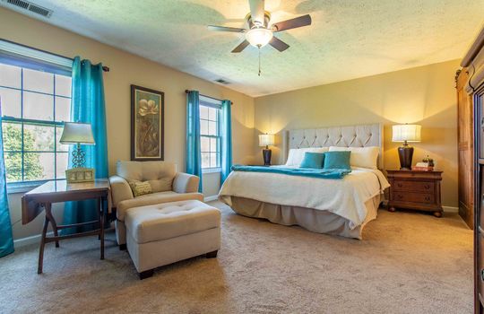 primary bedroom, windows, ceiling fan, carpet