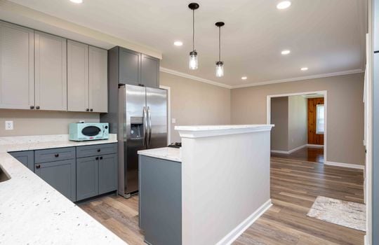 kitchen, sink, cabinets, refrigerator granite countertops, stove