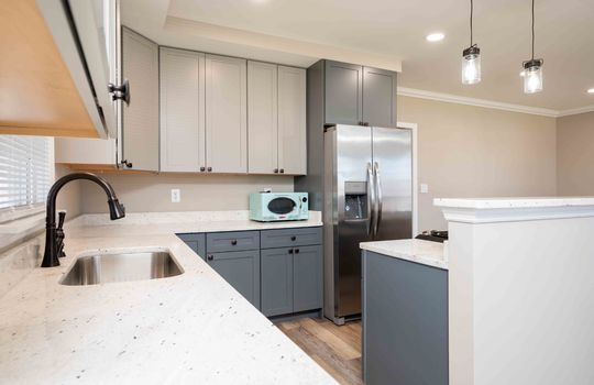 kitchen, sink, cabinets, refrigerator granite countertops
