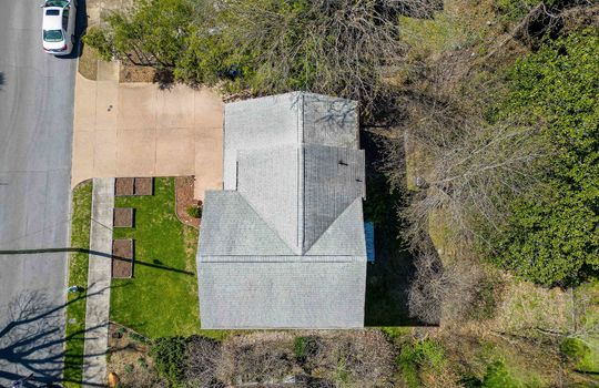 Aerial view, top of property, driveway, front yard, back yard, planters, trees