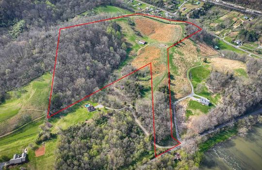 Aerial view with outline of property boundaries, 47+/- Acres