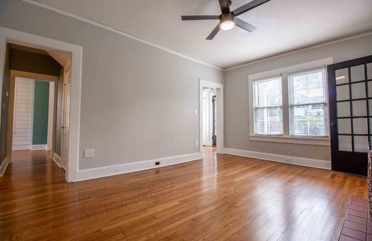 living room, hardwood flooring, window, ceiling fan