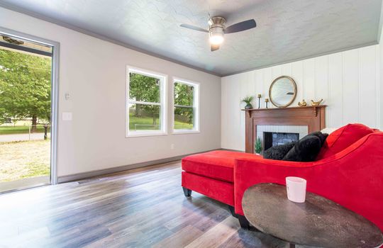 living room, fireplace, vinyl flooring, ceiling fan, window