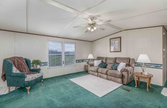 living room, carpet, ceiling fan
