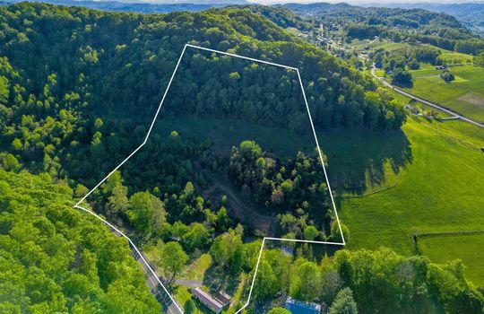 Barger Hollow Land, aerial view, property outline, 12.73+/- acres, mountains, trees, cleared land