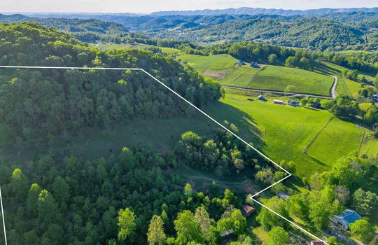 Barger Hollow Land, aerial view, property outline, 12.73+/- acres, mountains, trees, cleared land