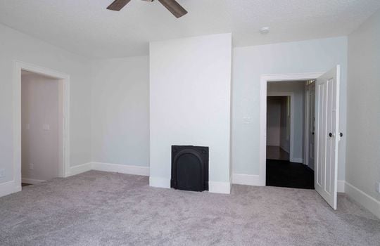 primary bedroom, fireplace, door, ceiling fan, carpet