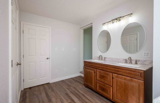 primary bathroom, vanity, double sink, hardwood flooring, closet