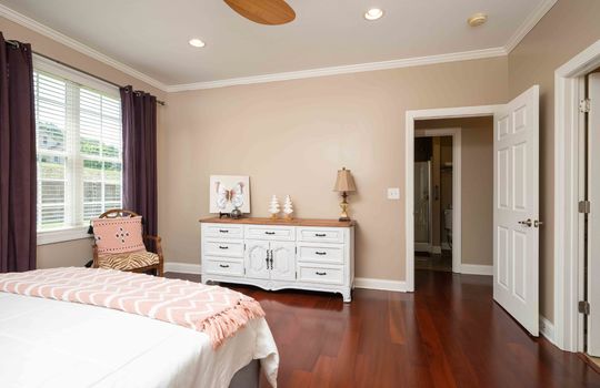 bedroom, cherry hardwood flooring, ceiling fan, window, ensuite