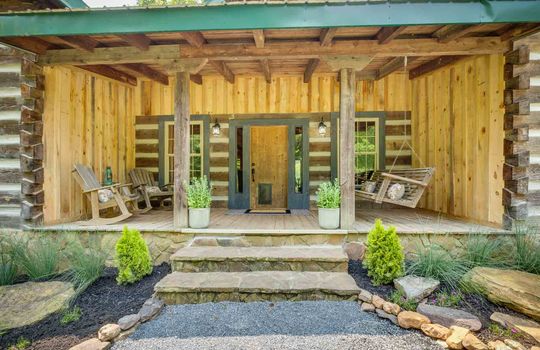 log cabin, front porch, steps, landscaping