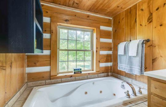 bathroom, log walls, wood walls, jetted tub, window