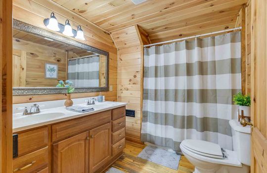bathroom, double vanity, toilet, tub/shower, wood walls