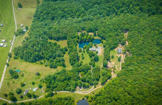 aerial view from road, pond trees, log cabin