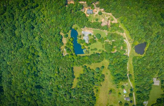 aerial view of property, cabin, pond, trees