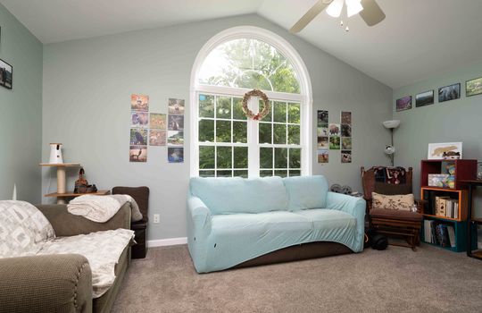 living room, large arched window, carpet, ceiling fan, vaulted ceiling