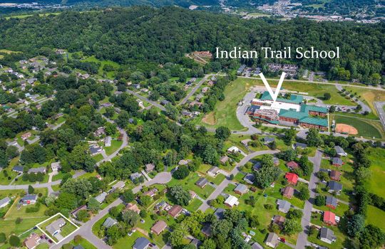Aerial View, neighborhood, property outline, proximity to Indian Trail School