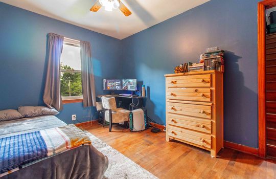 bedroom, ceiling fan, window, hardwood flooring