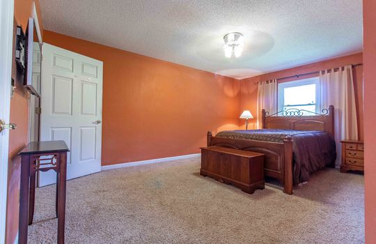 primary bedroom, carpet, window, ceiling fan, closet door