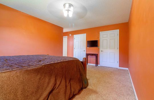 primary bedroom, double walk-in closets, carpet, ceiling fan