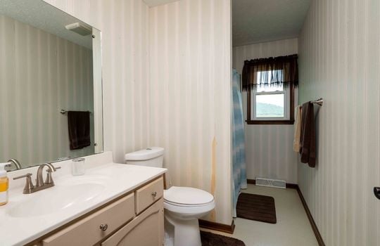 bathroom, sink, toilet, shower, vinyl flooring, window