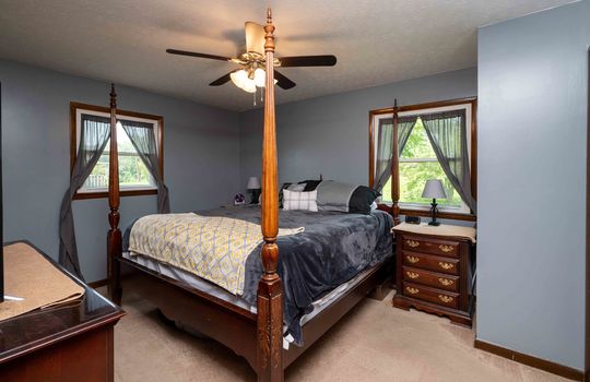 primary bedroom, windows, carpet, ceiling fan