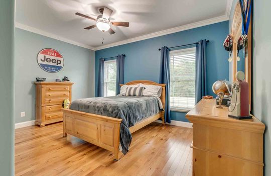bedroom, window, hardwood flooring, ceiling fan